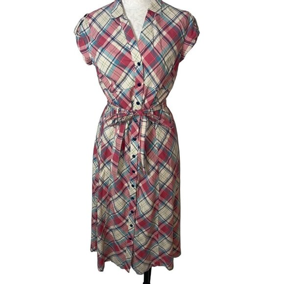 J Peterman Vintage Midi Dress Size 6 Pink Blue Cream Plaid Cotton Matching Belt - Picture 14 of 15